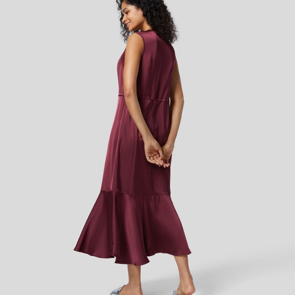 V Neck Sleeveless Drawstring Side Pocket Ruffle Hem Midi Satin-Like Lounge Dress - Picture 2 of 4